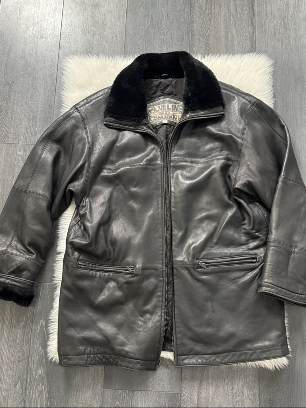 Vintage Black Leather Shearling-Trim Coat -